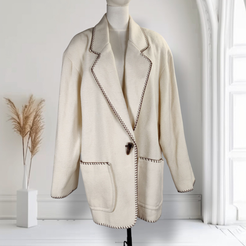 Vintage Express French Country Wool Coat Mens S Ivory Blanket Stitch Oversized